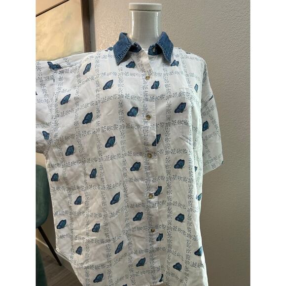 Vintage Quizz Again Butterfly Print Denim Collar Button-Up Shirt – Size L - Picture 7 of 7
